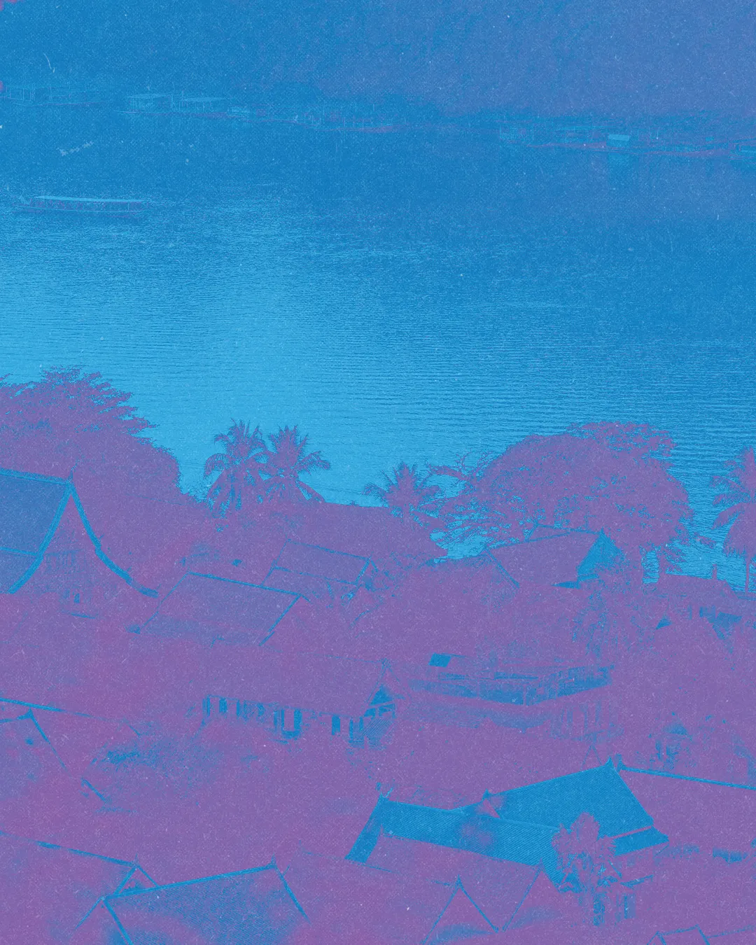 Vibrant landscape with homes and palm trees by a serene body of water, symbolizing community and spiritual connection.