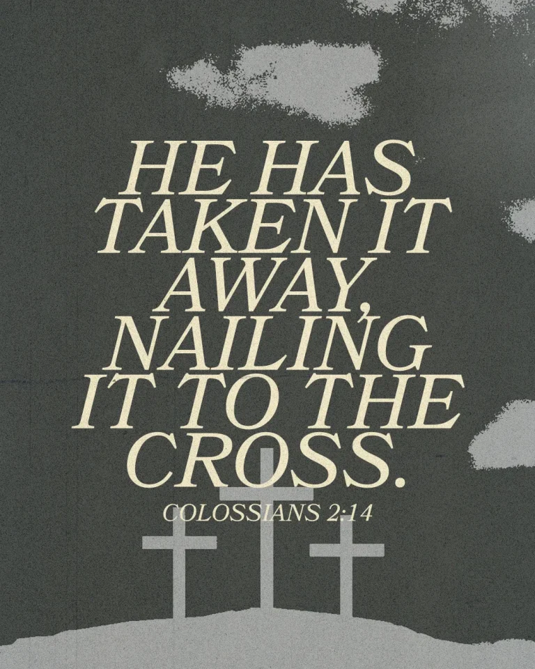 "Text from Colossians 2:14 emphasizes redemption through Christ, with three crosses silhouetted against a dark sky."