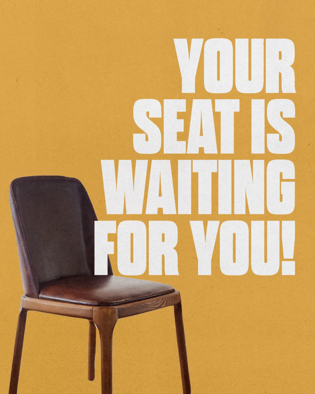 "Inviting message encouraging community participation and belonging in worship with a welcoming chair on a warm background."