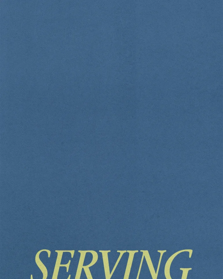 Bold text reads "SERVING" on a deep blue background, symbolizing community service and faith in action.