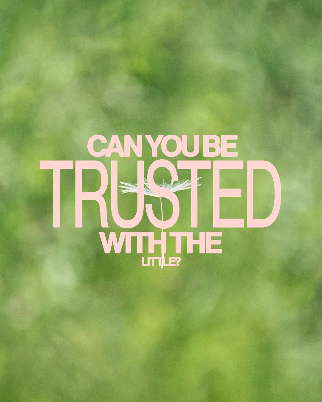 "Text asks, 'Can you be trusted with the little?' against a soft green background, evoking themes of faith and stewardship."