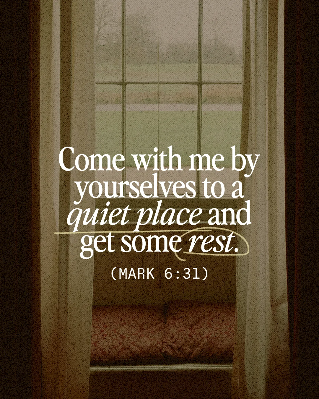 Inviting scripture encourages retreat and reflection in a serene, sunlit space, fostering spiritual renewal and rest.