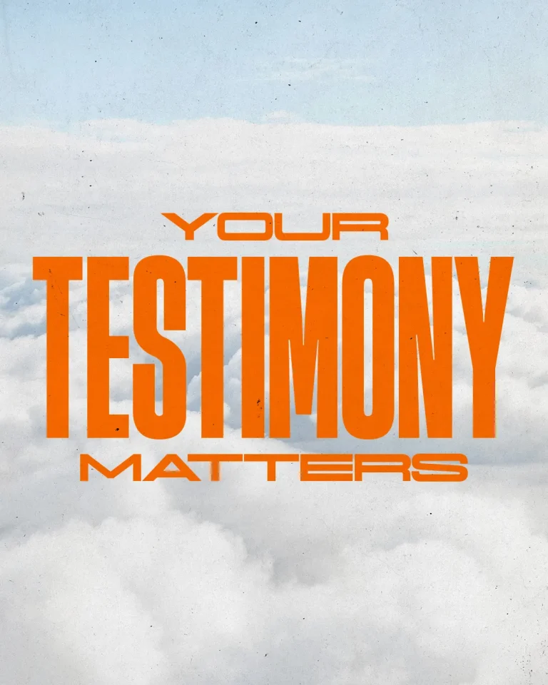 "Bold text emphasizes the importance of personal testimony in faith, set against a serene sky and clouds."