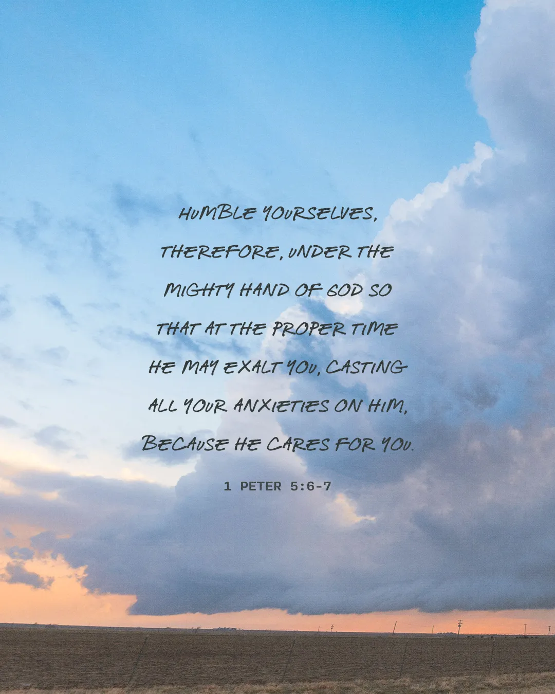 Sky with clouds at sunset, featuring a biblical verse on humility and trust in God's care.