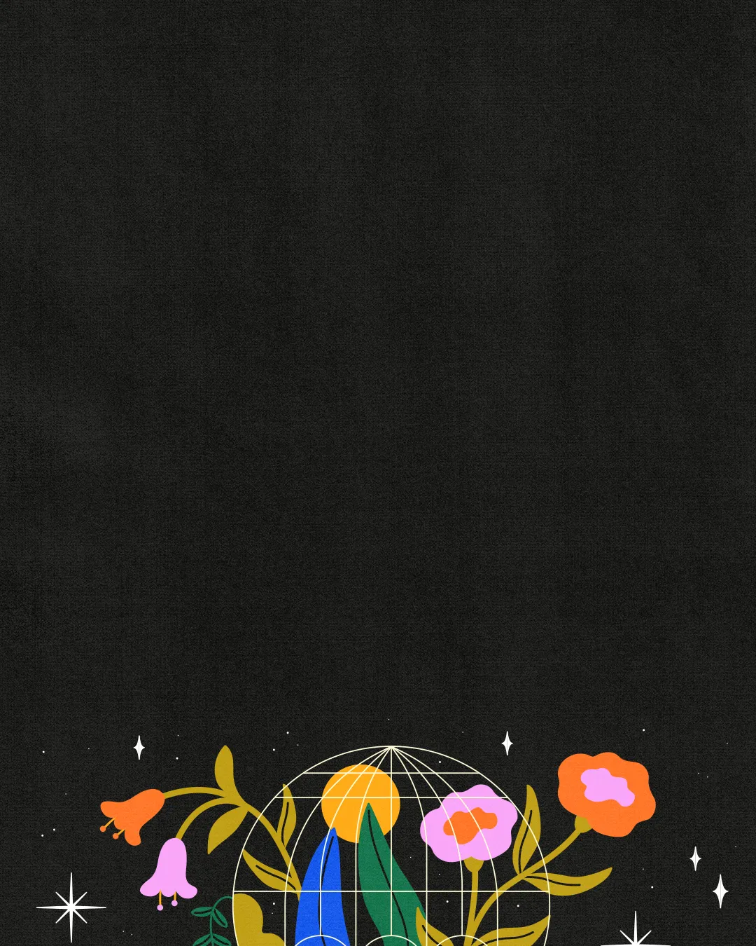 Colorful flowers and a globe symbolize community and growth, set against a dark background, evoking faith and service.