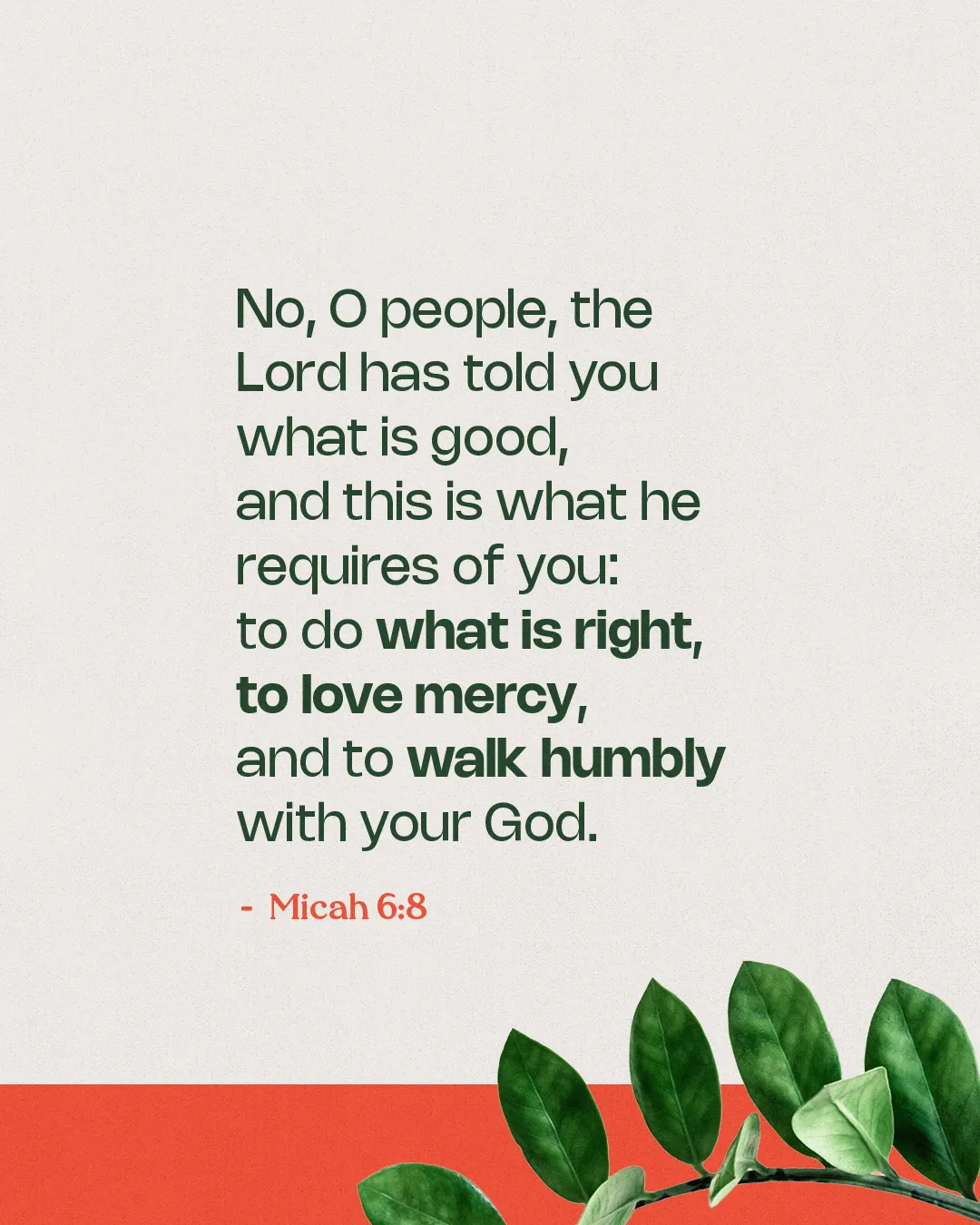 Micah 6:8 emphasizes justice, mercy, and humility in faith, surrounded by green leaves symbolizing growth and community.