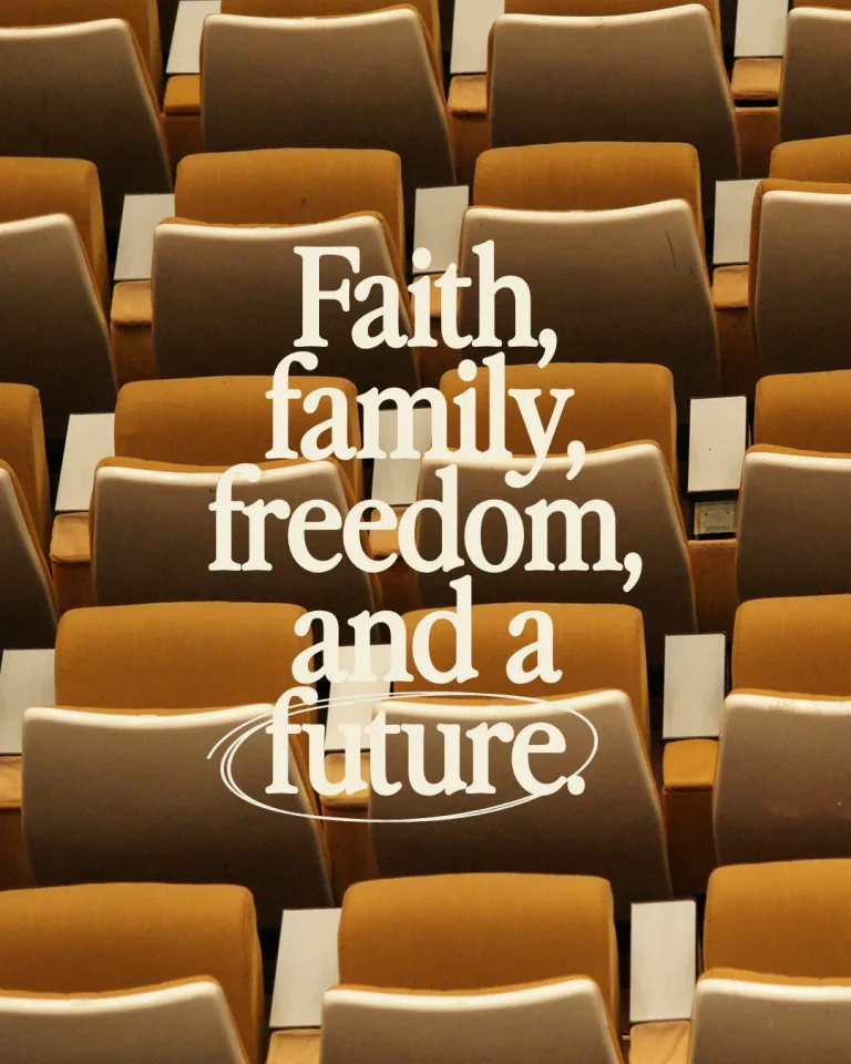 "Faith, family, freedom, and a future displayed on empty church seats, symbolizing hope and community."