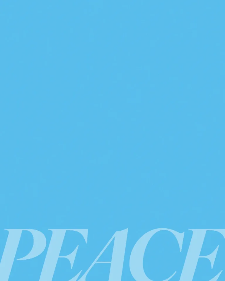 Bold text spelling "PEACE" on a serene blue background, symbolizing tranquility and faith in community worship.
