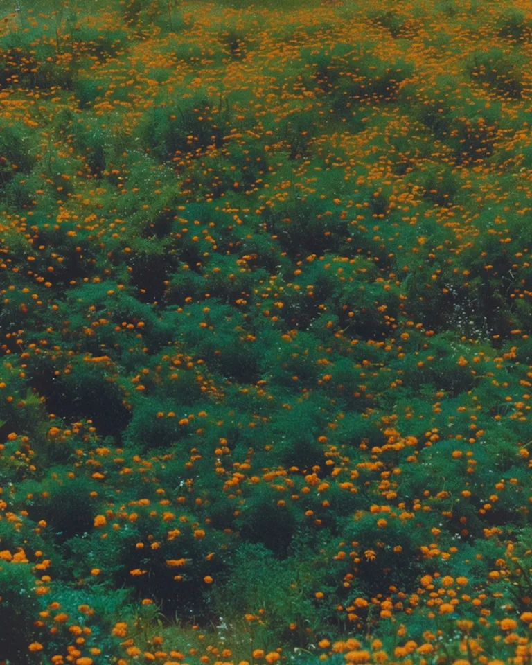 Vibrant field of orange flowers symbolizes God's creation and beauty, inviting reflection and gratitude in worship.
