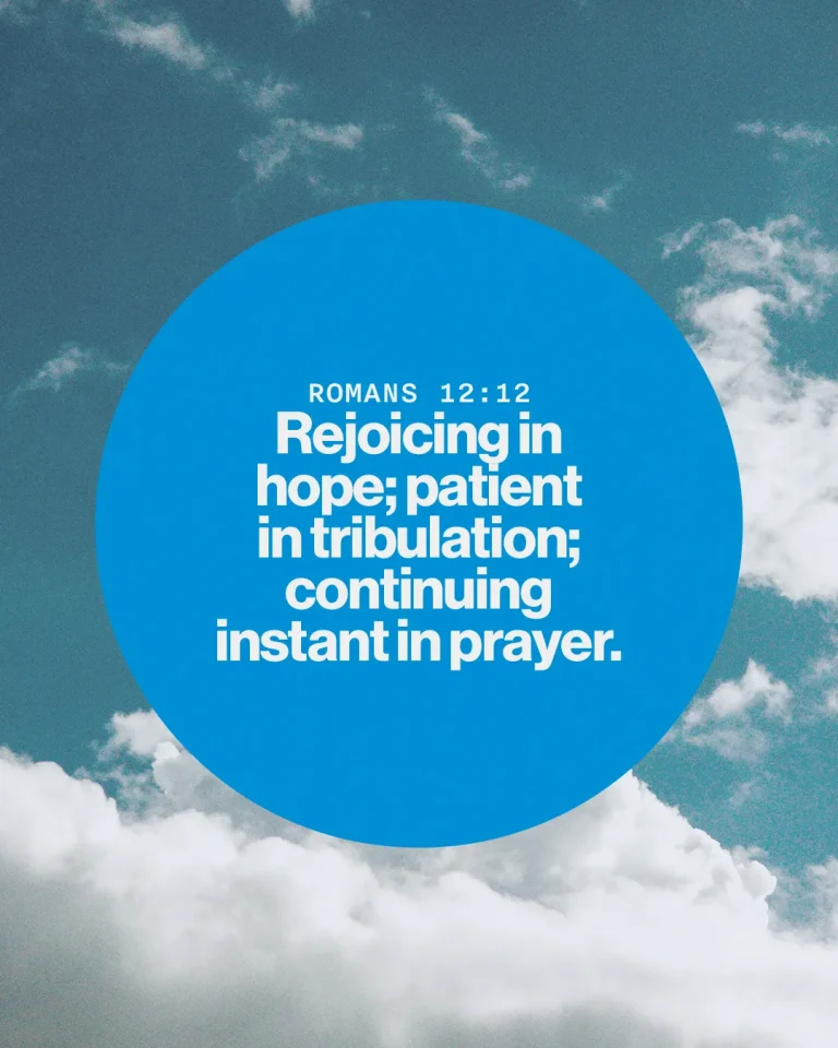 Romans 12:12 emphasizes hope, patience in trials, and the importance of persistent prayer against a serene sky backdrop.