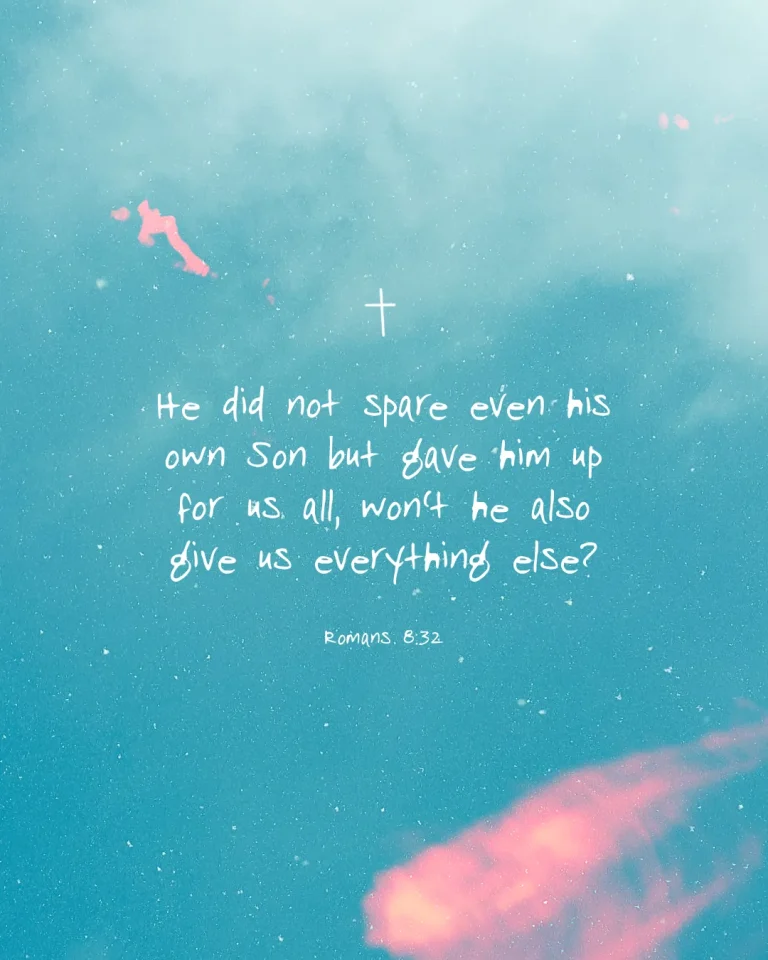 Sky background with a cross and Romans 8:32 text emphasizing God's sacrifice and generosity in faith.