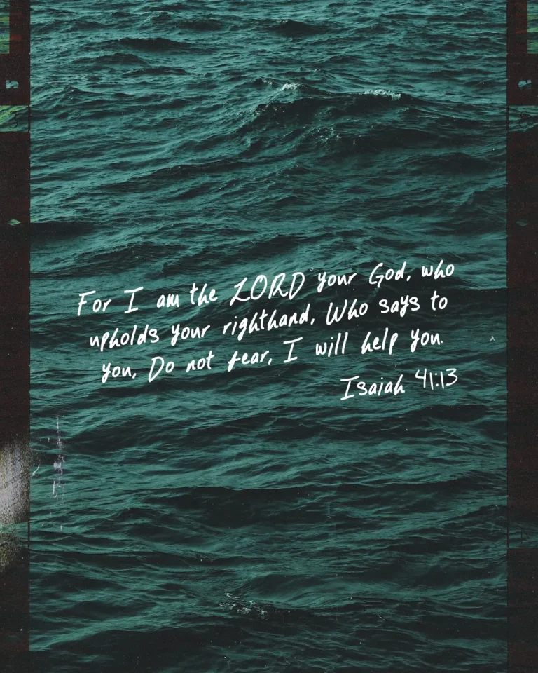 Calm ocean waves with the scripture Isaiah 41:13, emphasizing God's support and reassurance in faith.