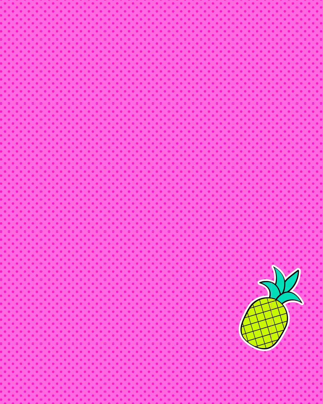 Bright pink background with polka dots and a playful green pineapple, symbolizing joy and community in faith.