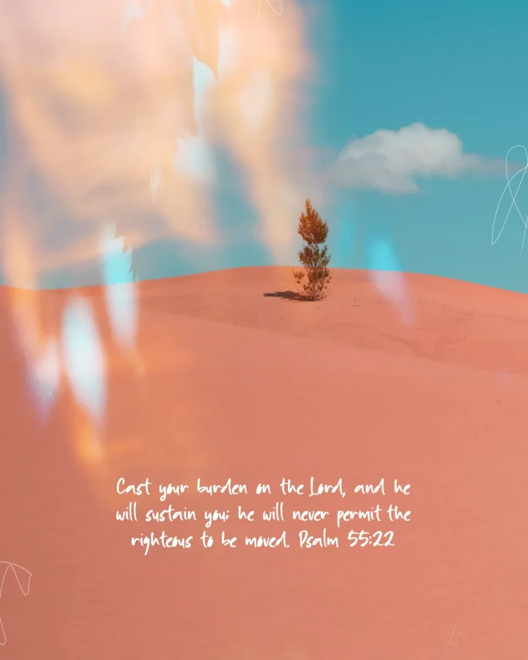 Lone tree in a desert landscape with a calming sky, featuring Psalm 55:22 about faith and divine support.