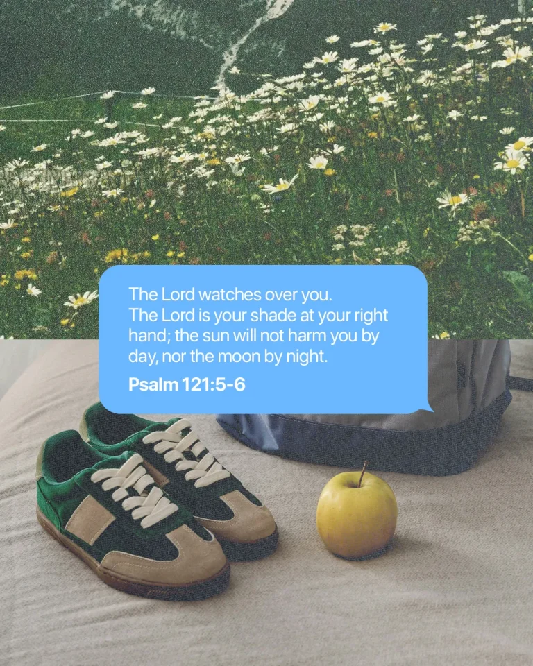Floral background with a message of divine protection from Psalm 121, accompanied by shoes and an apple, symbolizing faith and daily life.