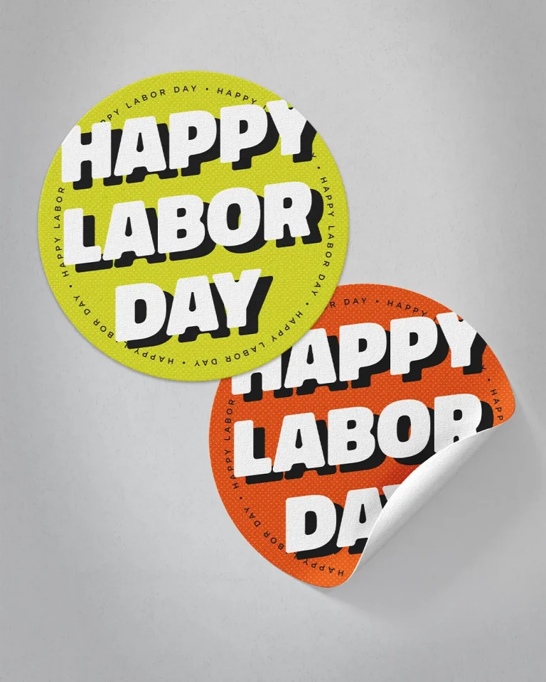 Celebrating community and work, "Happy Labor Day" stickers in vibrant colors symbolize unity and service.