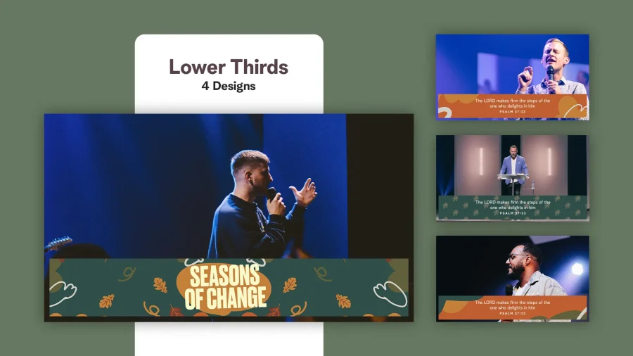 Collection of minimalist church media designs for "Seasons of Change" featuring autumn-themed graphics, inspirational quotes, and leaf motifs in warm earth tones