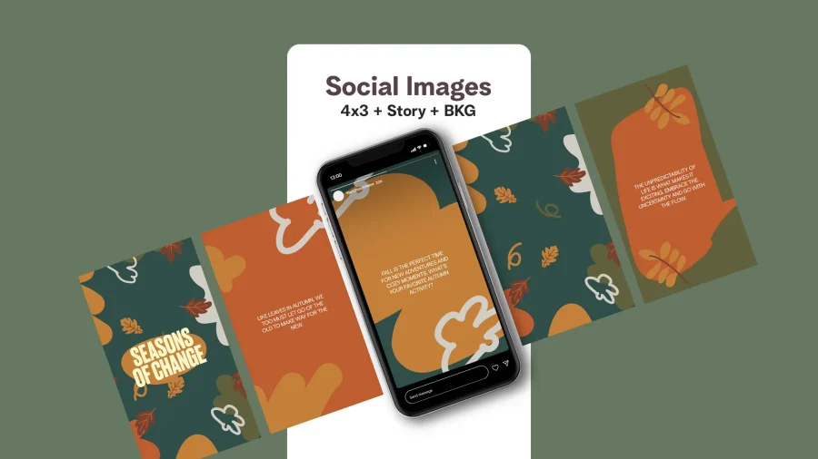 Collection of minimalist church media designs for "Seasons of Change" featuring autumn-themed graphics, inspirational quotes, and leaf motifs in warm earth tones