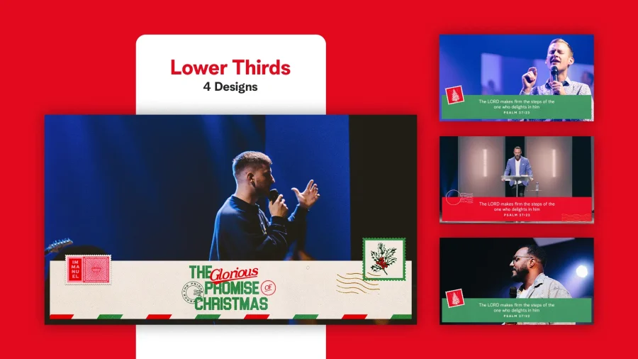 Vintage Christmas church media collection showcasing various retro-inspired designs, typography, and postage stamp elements in festive colors.