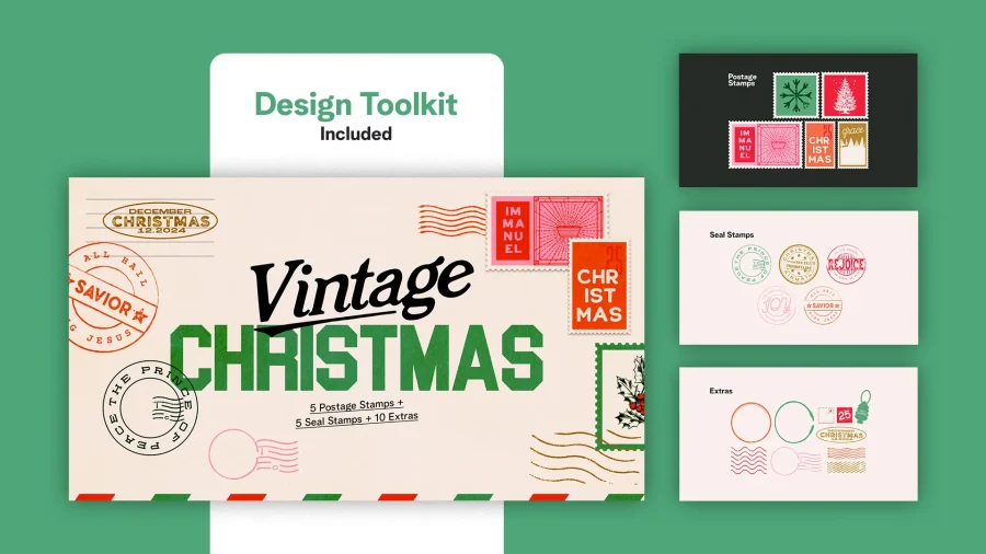 Vintage Christmas church media collection showcasing various retro-inspired designs, typography, and postage stamp elements in festive colors.
